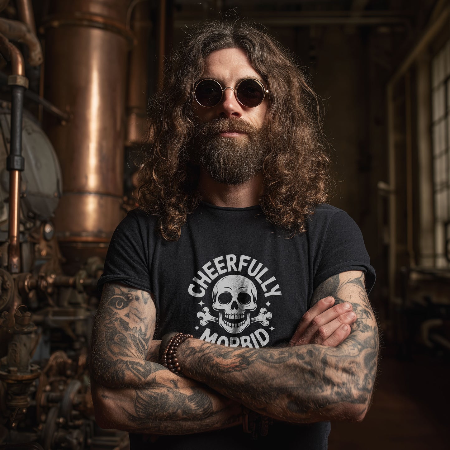 Cheerfully morbid skull and crossbones t-shirt with dark humor text on black background