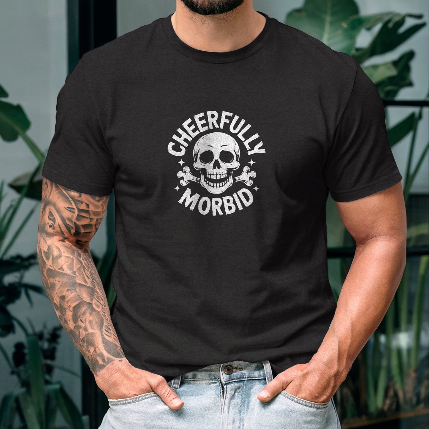 Dark humor shirt with smiling skull crossbones memento mori design ironic statement tee