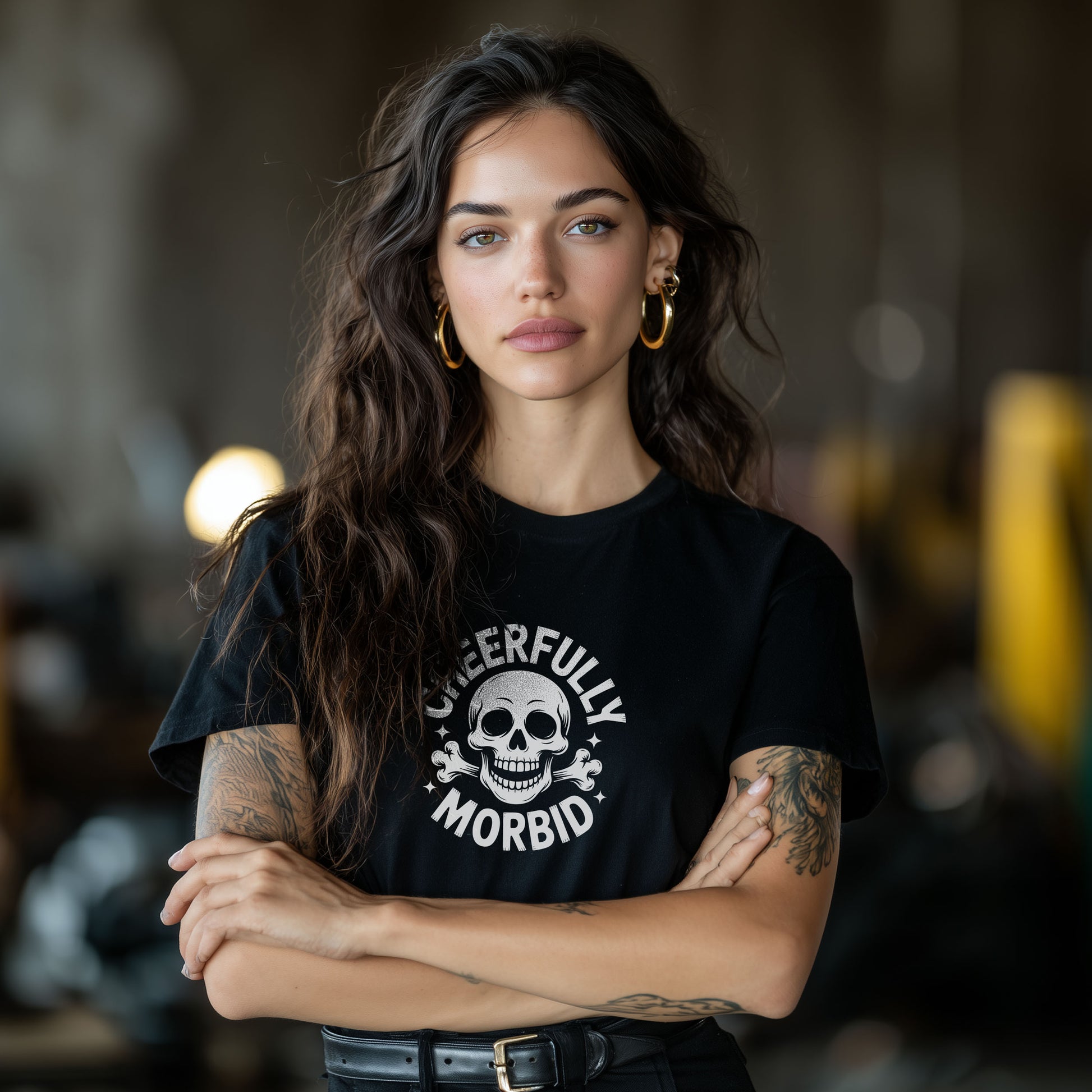 Black gothic tee featuring grinning skeleton skull graphic with sarcastic cheerfully morbid slogan