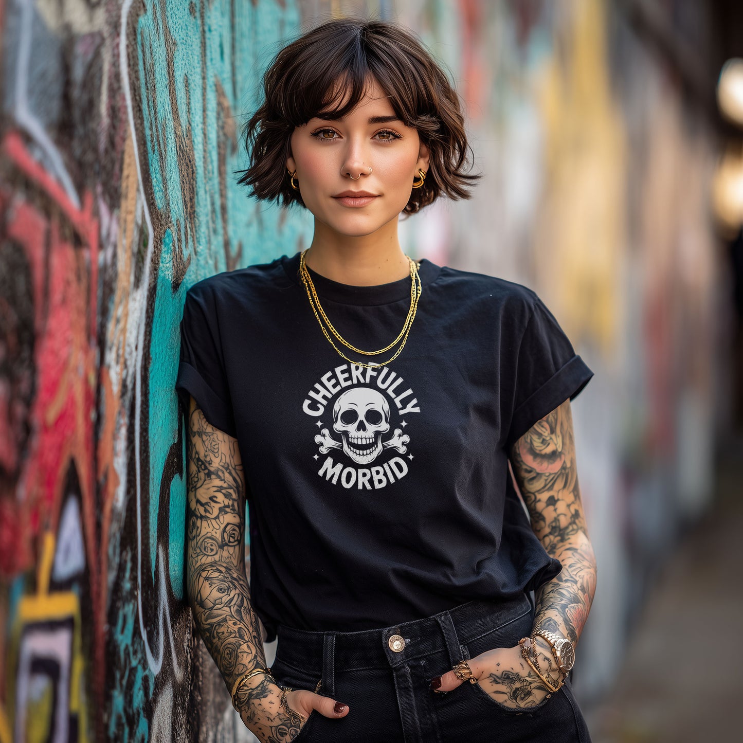 Dark humor shirt with smiling skull crossbones memento mori design ironic statement tee