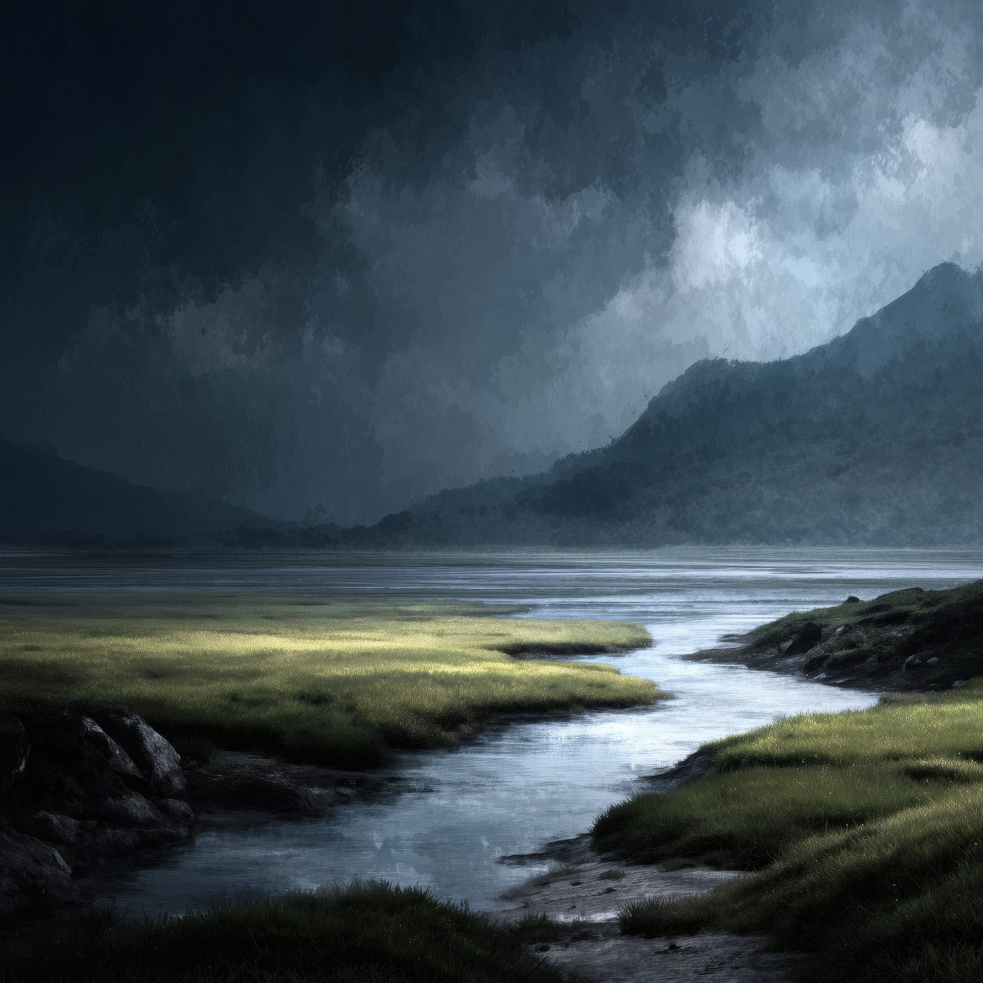 Dark landscape art print featuring stormy marsh with dramatic clouds and mountains