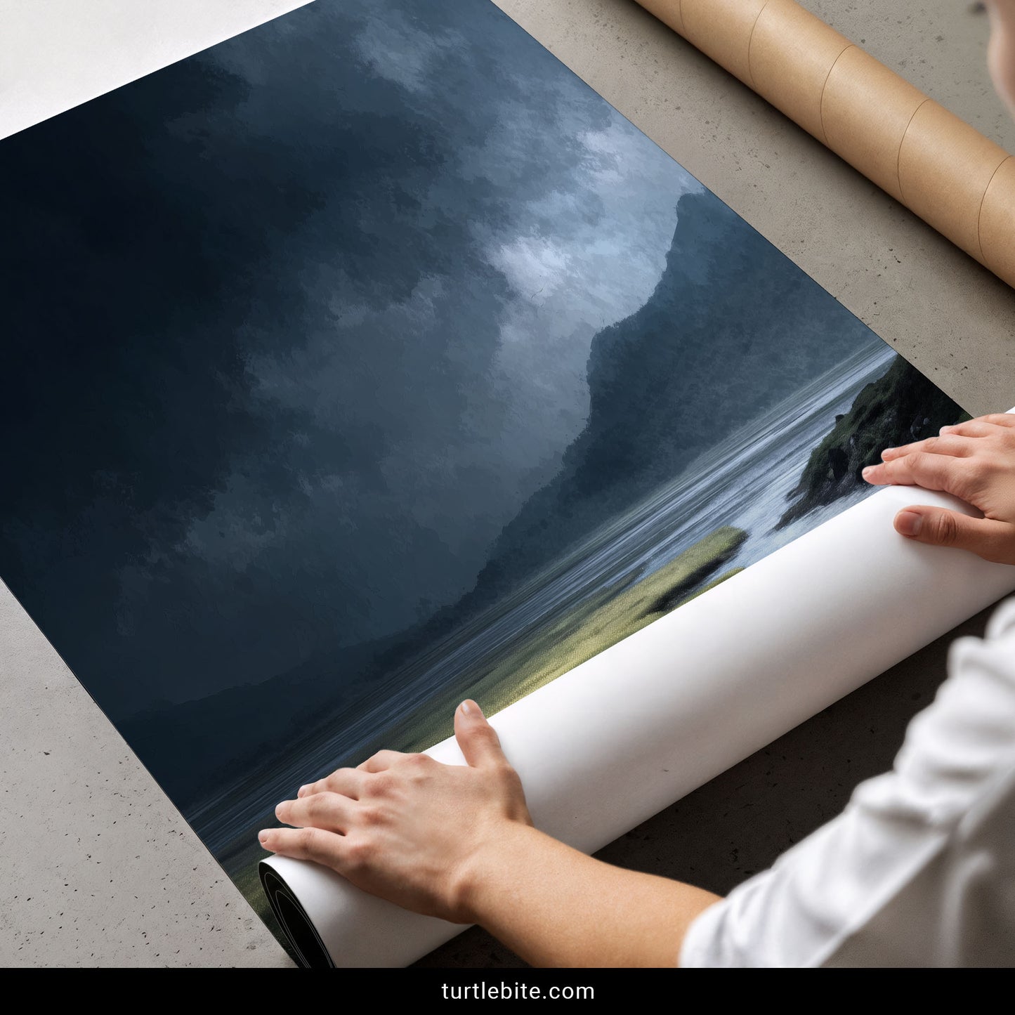 Melancholic nature print depicting dramatic storm approaching mountain marsh