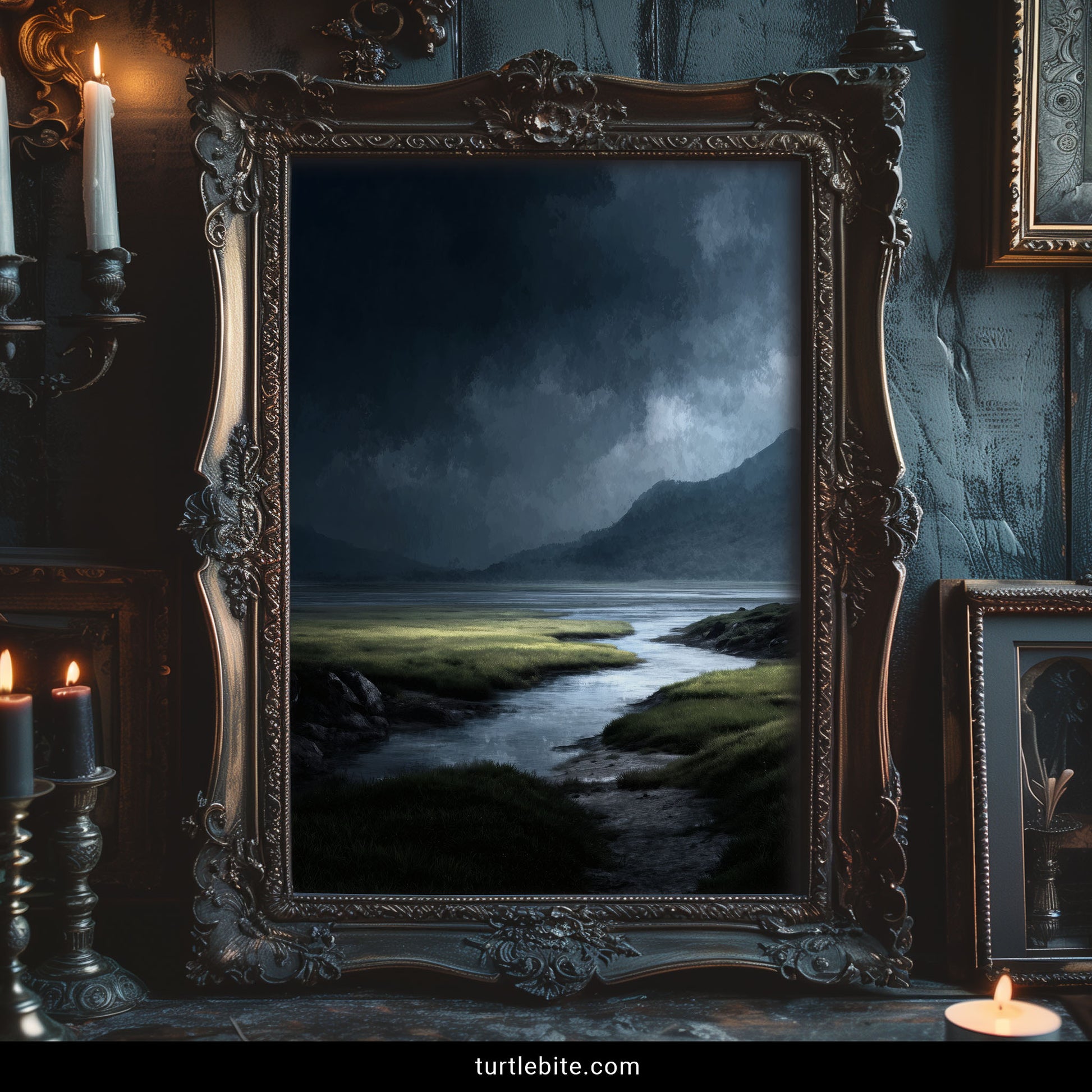 Moody atmospheric nature poster showing green marshland under brooding storm sky