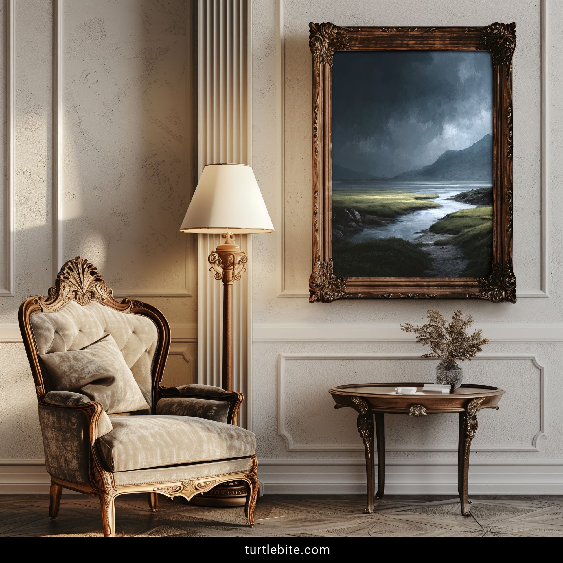 Dark romantic landscape poster with atmospheric lighting and ominous storm clouds