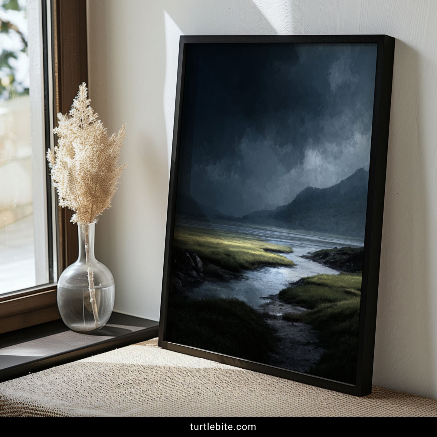 Dark romantic landscape poster with atmospheric lighting and ominous storm clouds