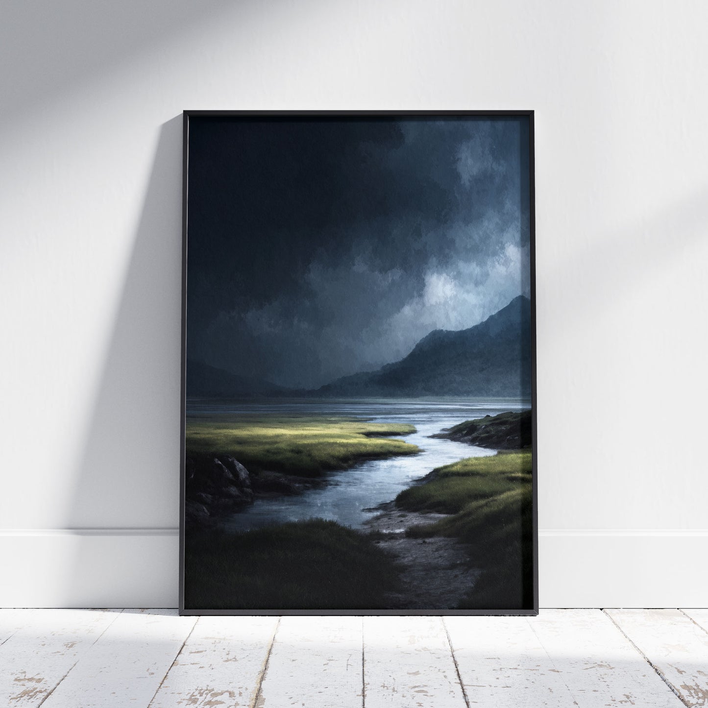 Dark landscape art print featuring stormy marsh with dramatic clouds and mountains