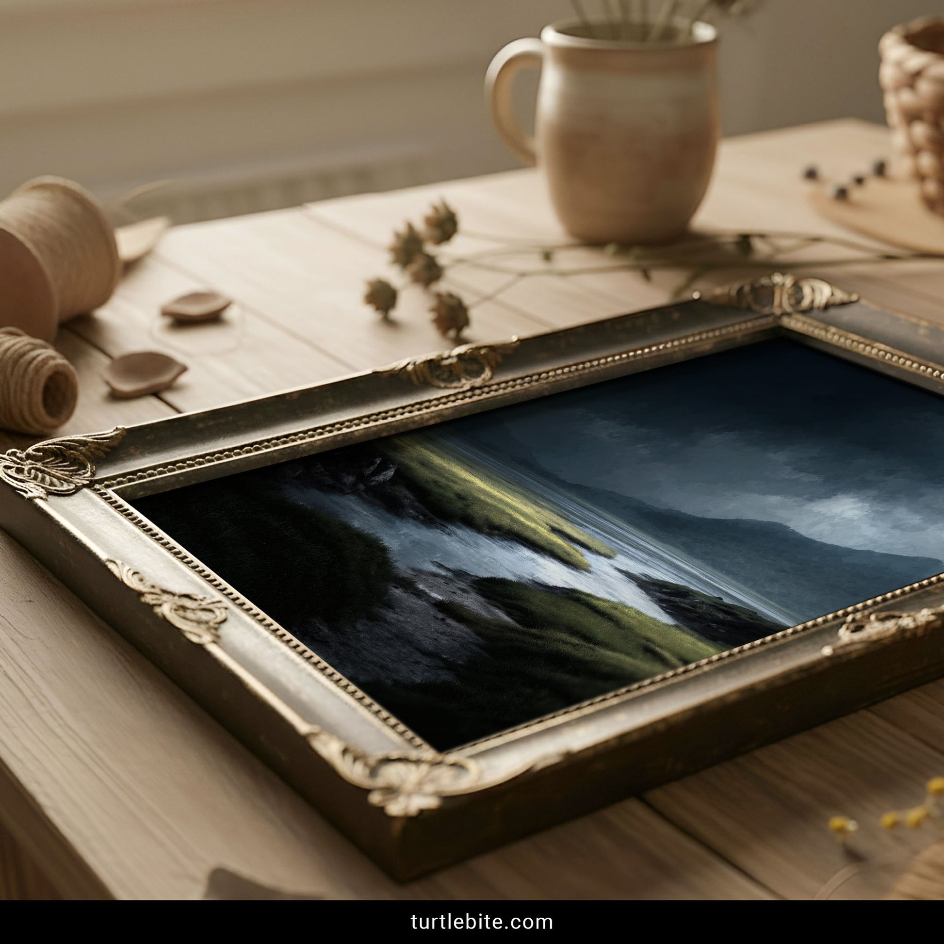 Gothic landscape wall art with winding stream through dark coastal scenery