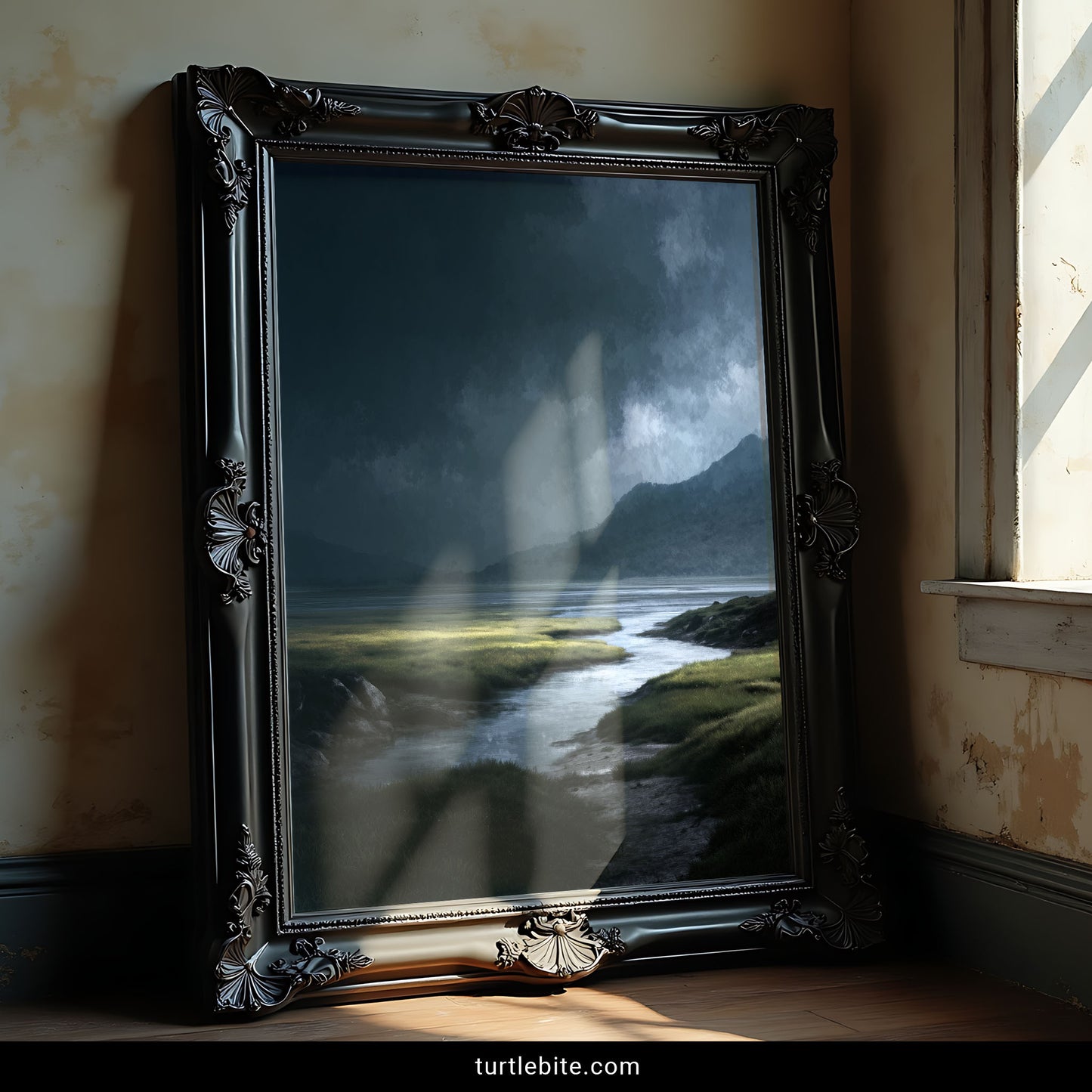 Gothic landscape wall art with winding stream through dark coastal scenery
