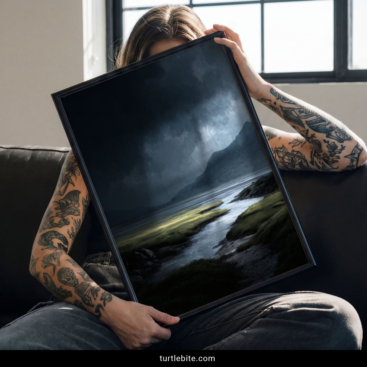 Dark romantic landscape poster with atmospheric lighting and ominous storm clouds