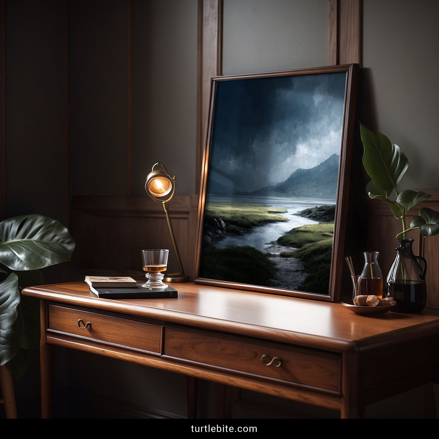 Melancholic nature print depicting dramatic storm approaching mountain marsh