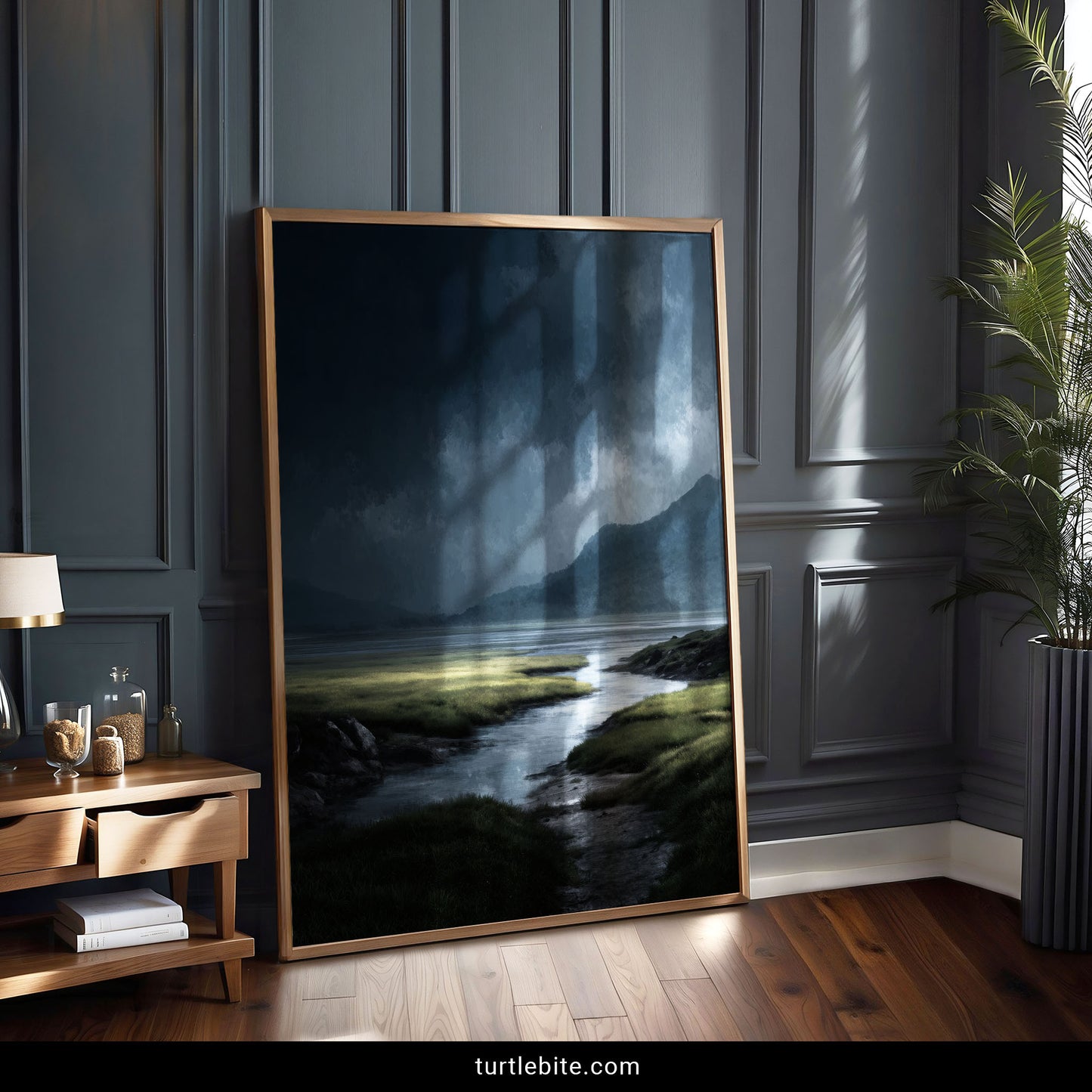 Moody atmospheric nature poster showing green marshland under brooding storm sky