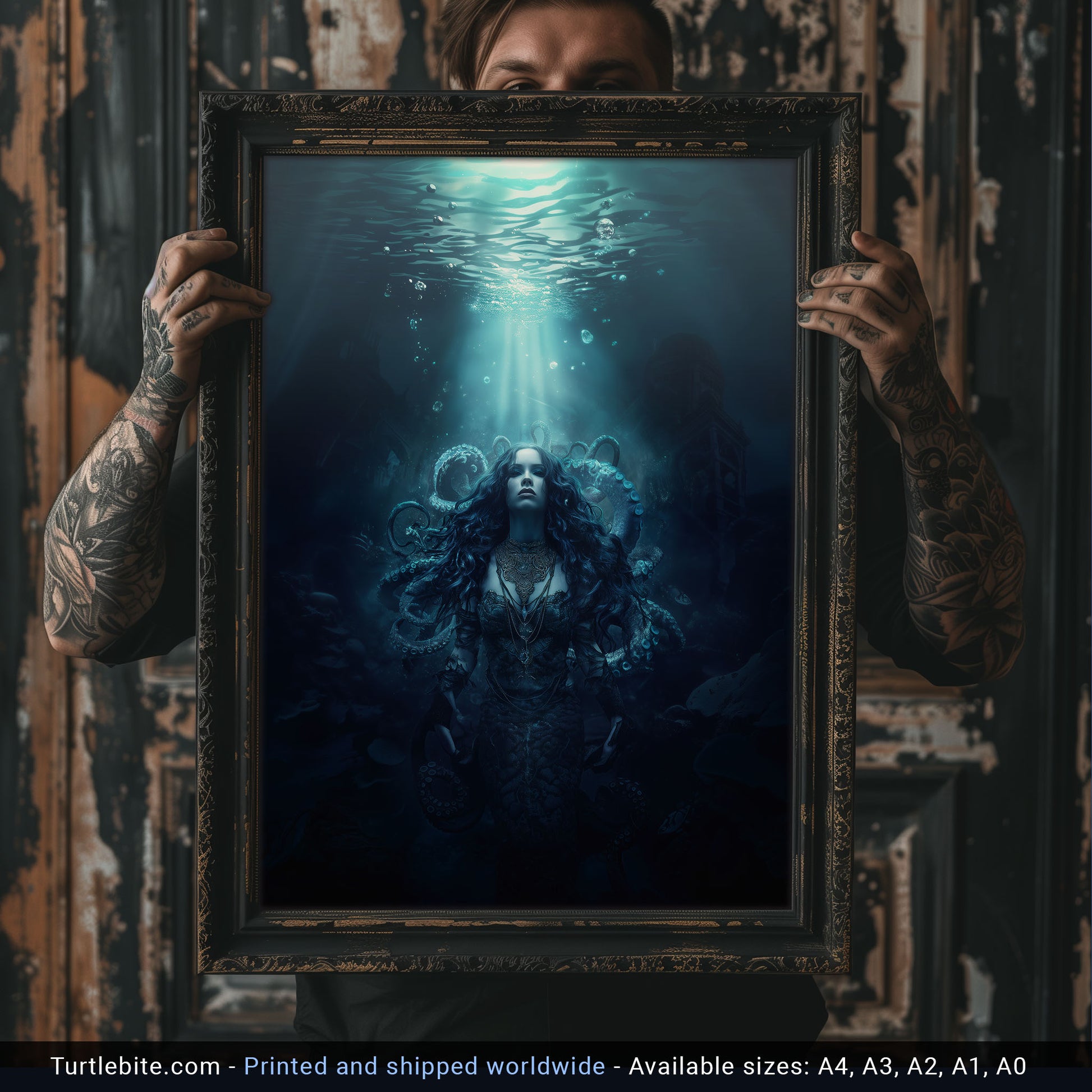 Aquatic horror fantasy print with dark mermaid in underwater setting