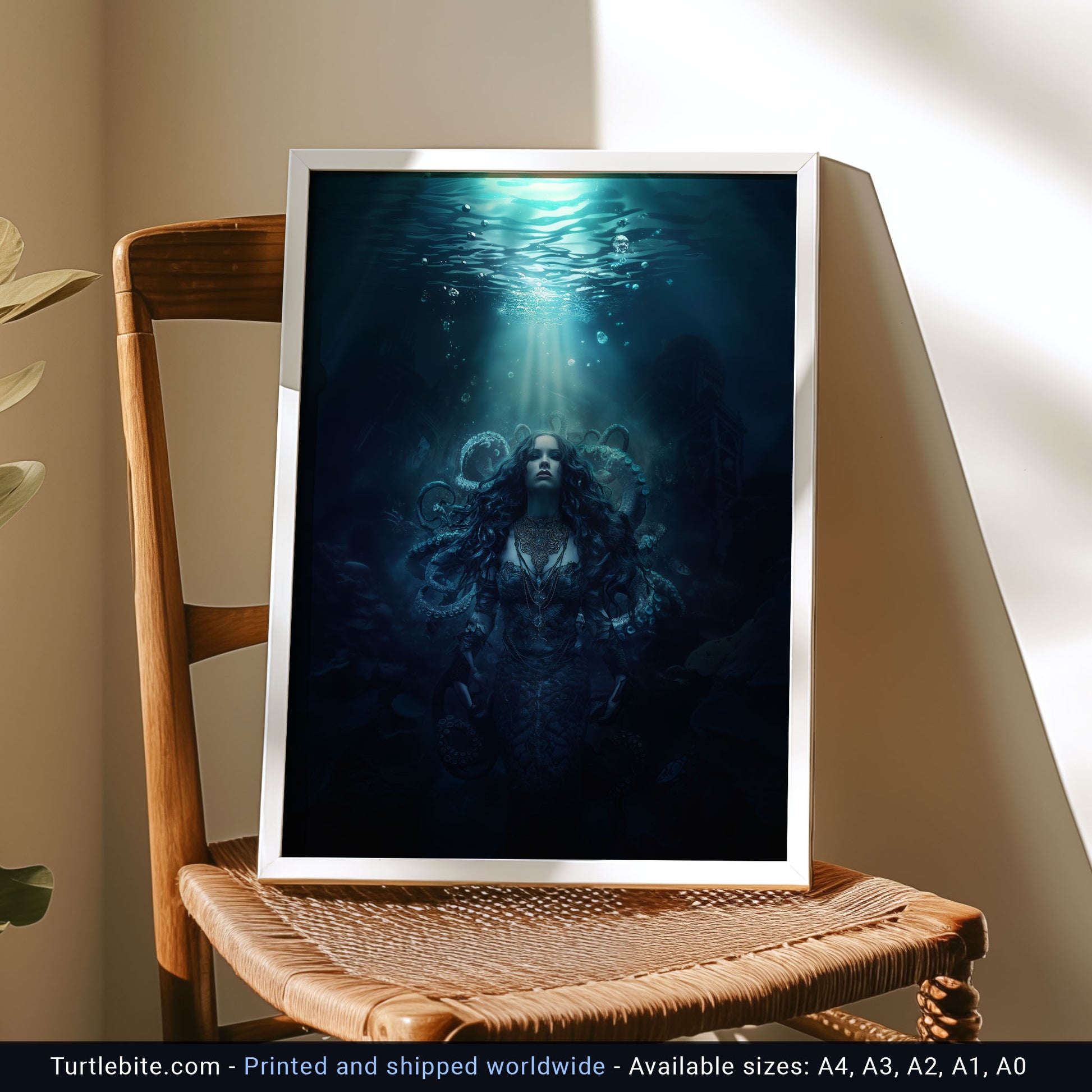 Underwater gothic art featuring ethereal mermaid and tentacle creatures