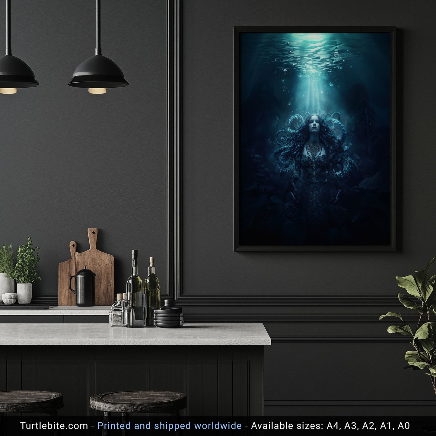 Ocean gothic wall art showing tentacle sea witch in blue depths