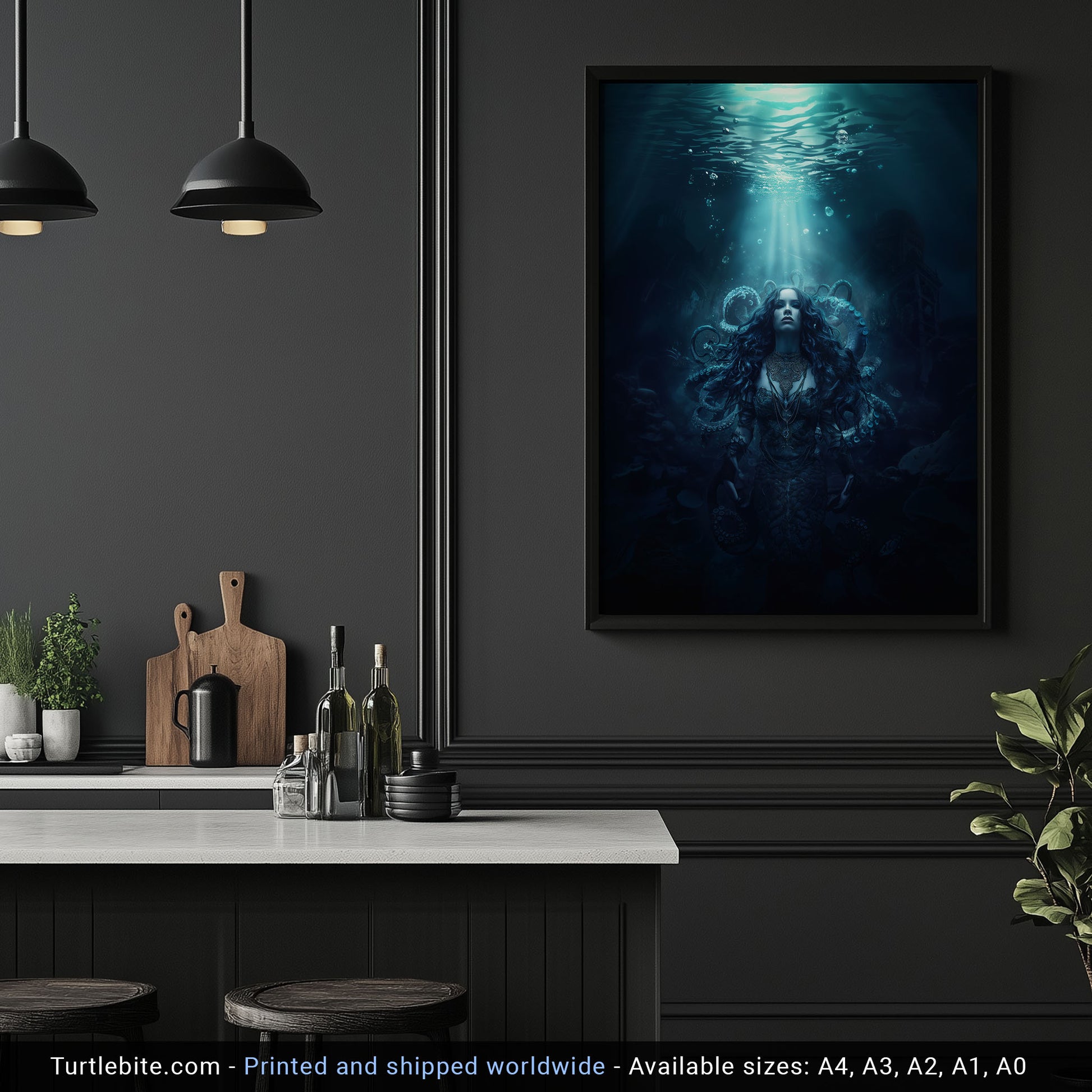 Ocean gothic wall art showing tentacle sea witch in blue depths