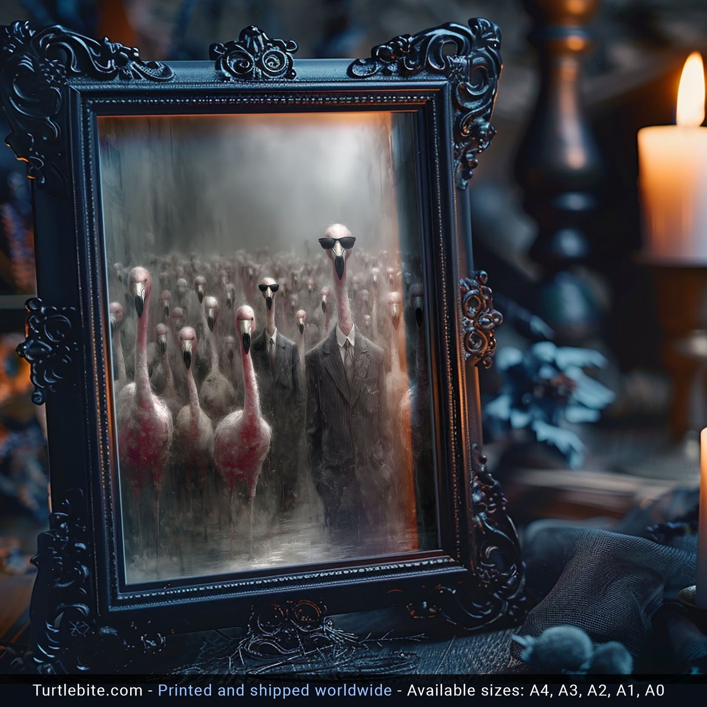 Eerie poster art depicting flamingo-headed figures in atmospheric misty scene