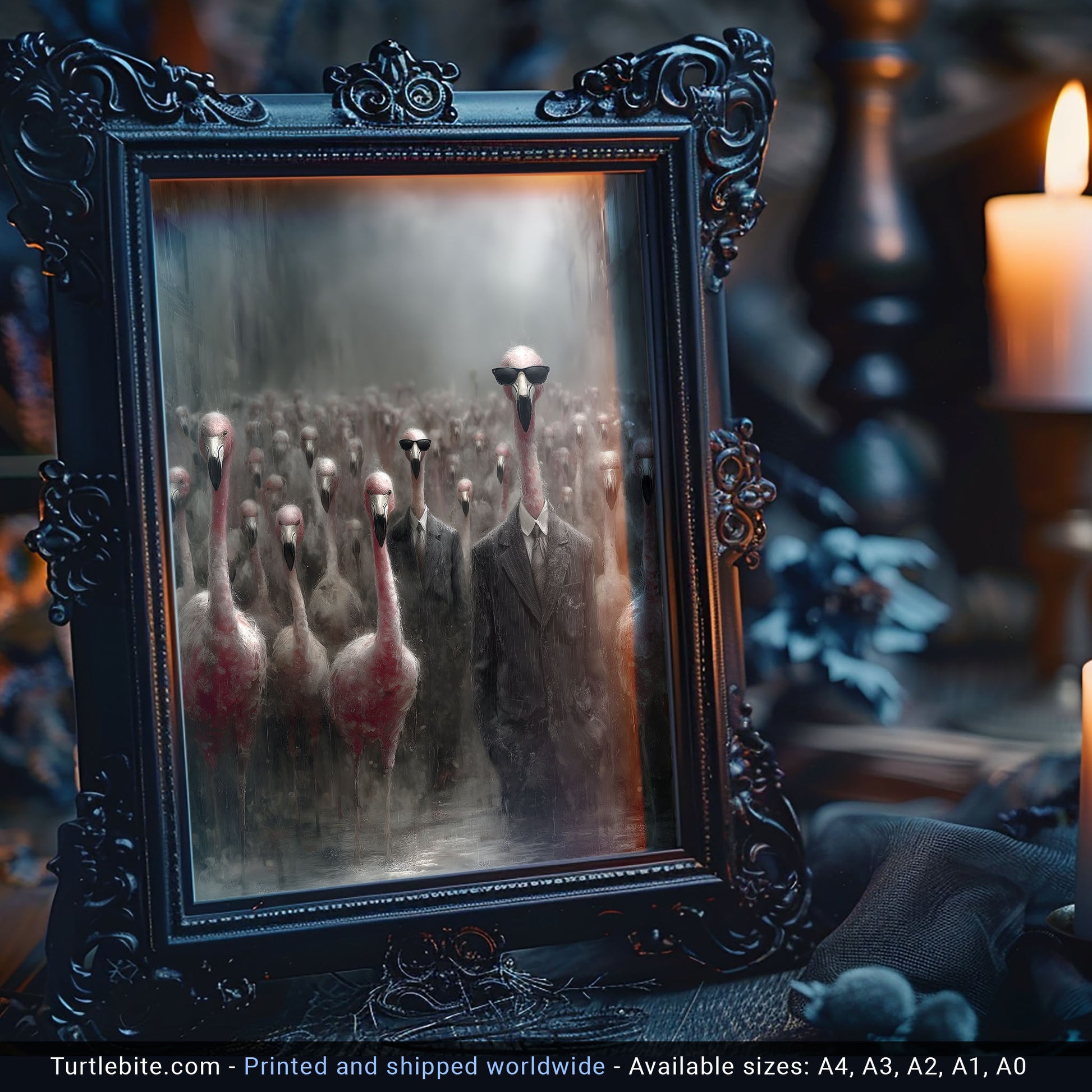 Eerie poster art depicting flamingo-headed figures in atmospheric misty scene