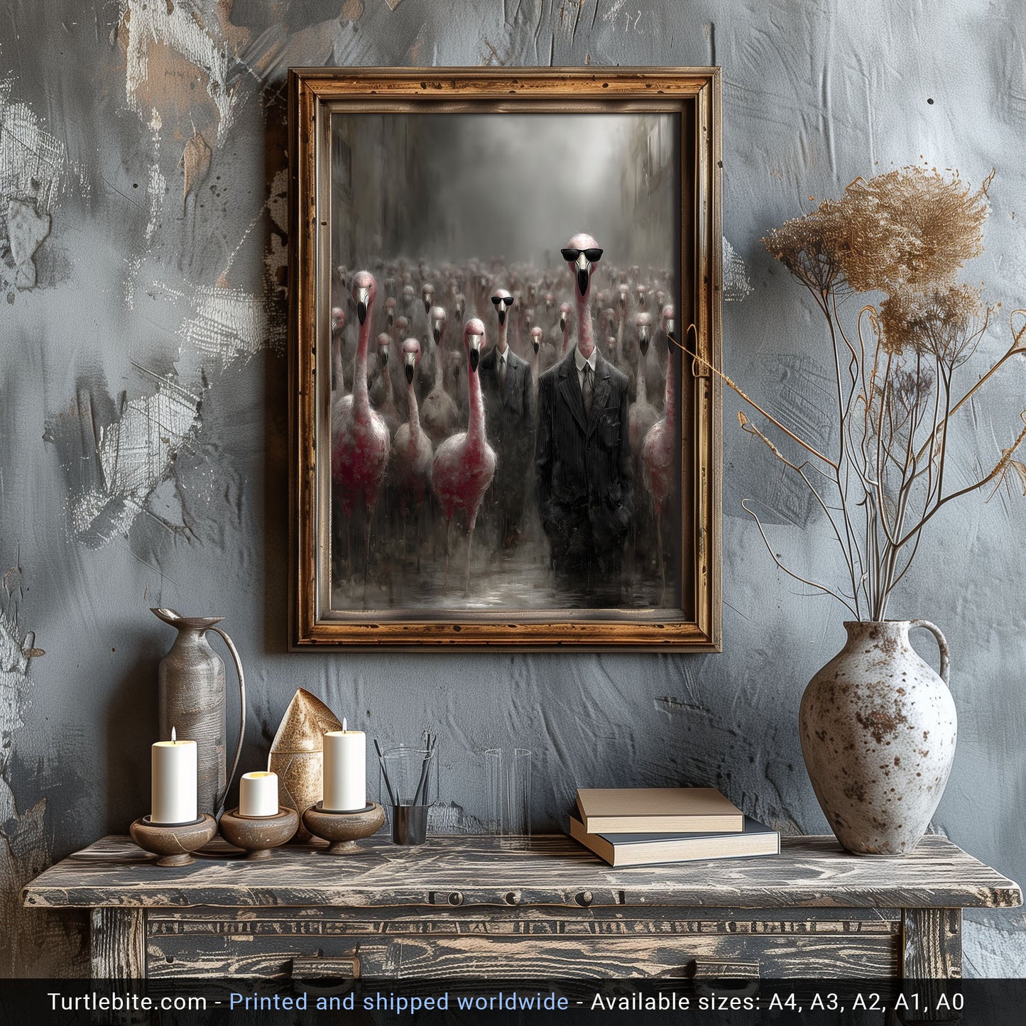 Macabre wall art print with bizarre flamingo businessmen for gothic home decor