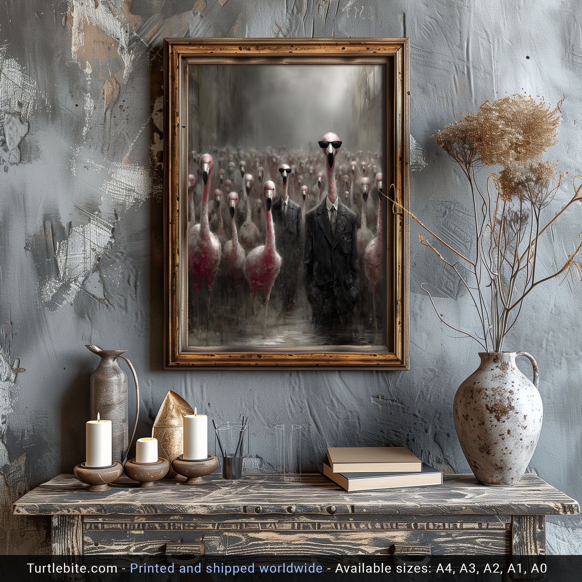 Macabre wall art print with bizarre flamingo businessmen for gothic home decor