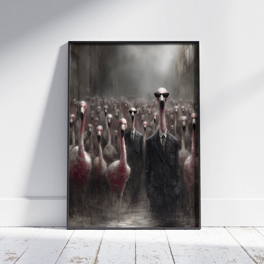 Dark surreal art print featuring flamingo-headed businessmen in suits and sunglasses