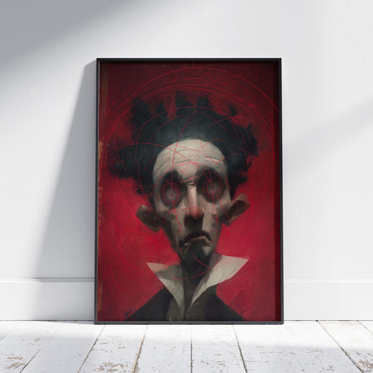 Dark surrealism art print featuring mysterious portrait with red geometric overlay lines