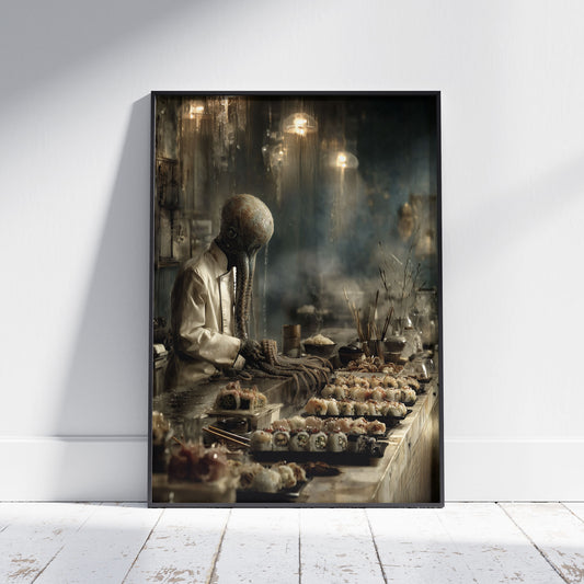 Cthulhu creature in chef uniform preparing sushi in atmospheric Victorian restaurant with chandeliers