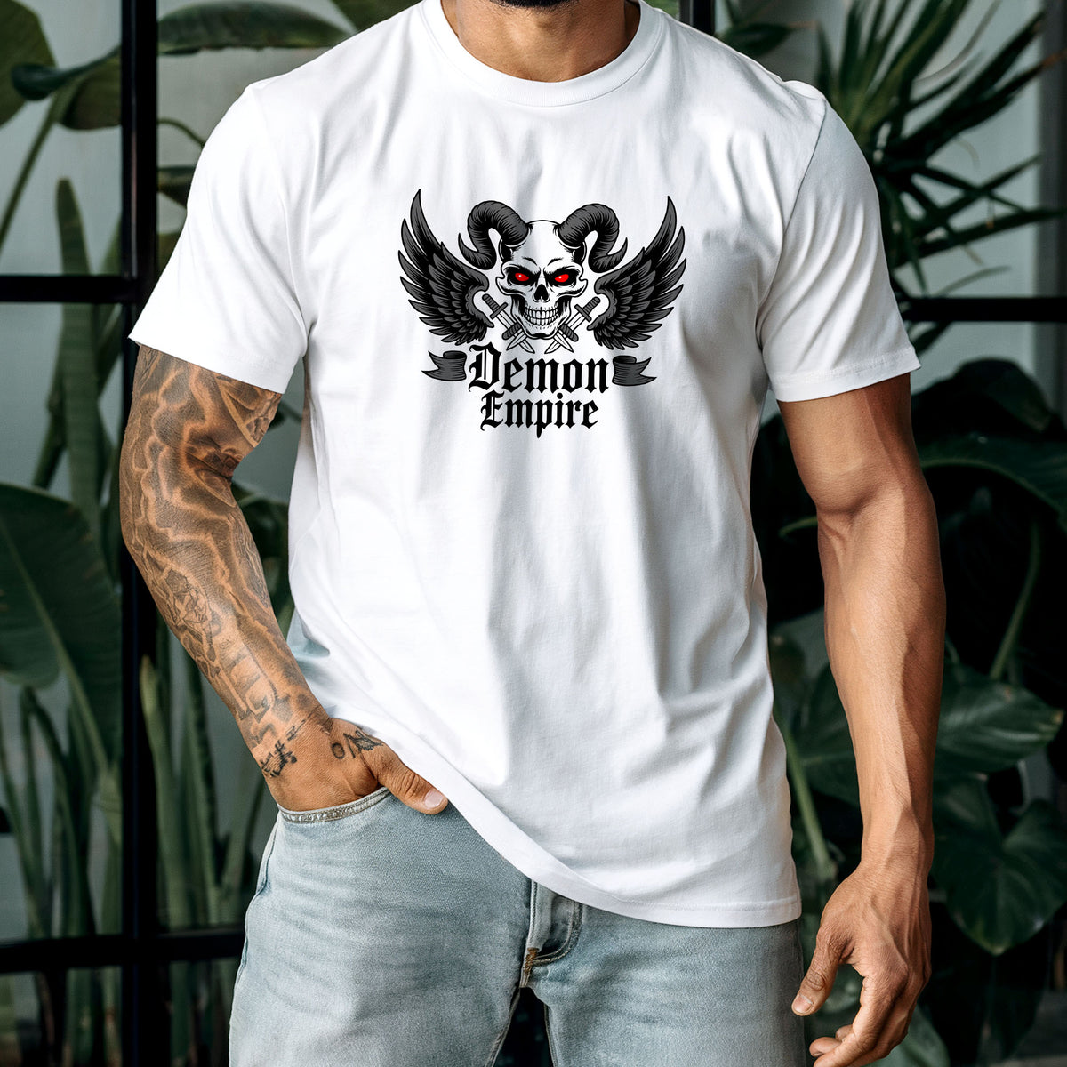 Gothic metal t-shirt graphic of a horned skull framed by spread black wings