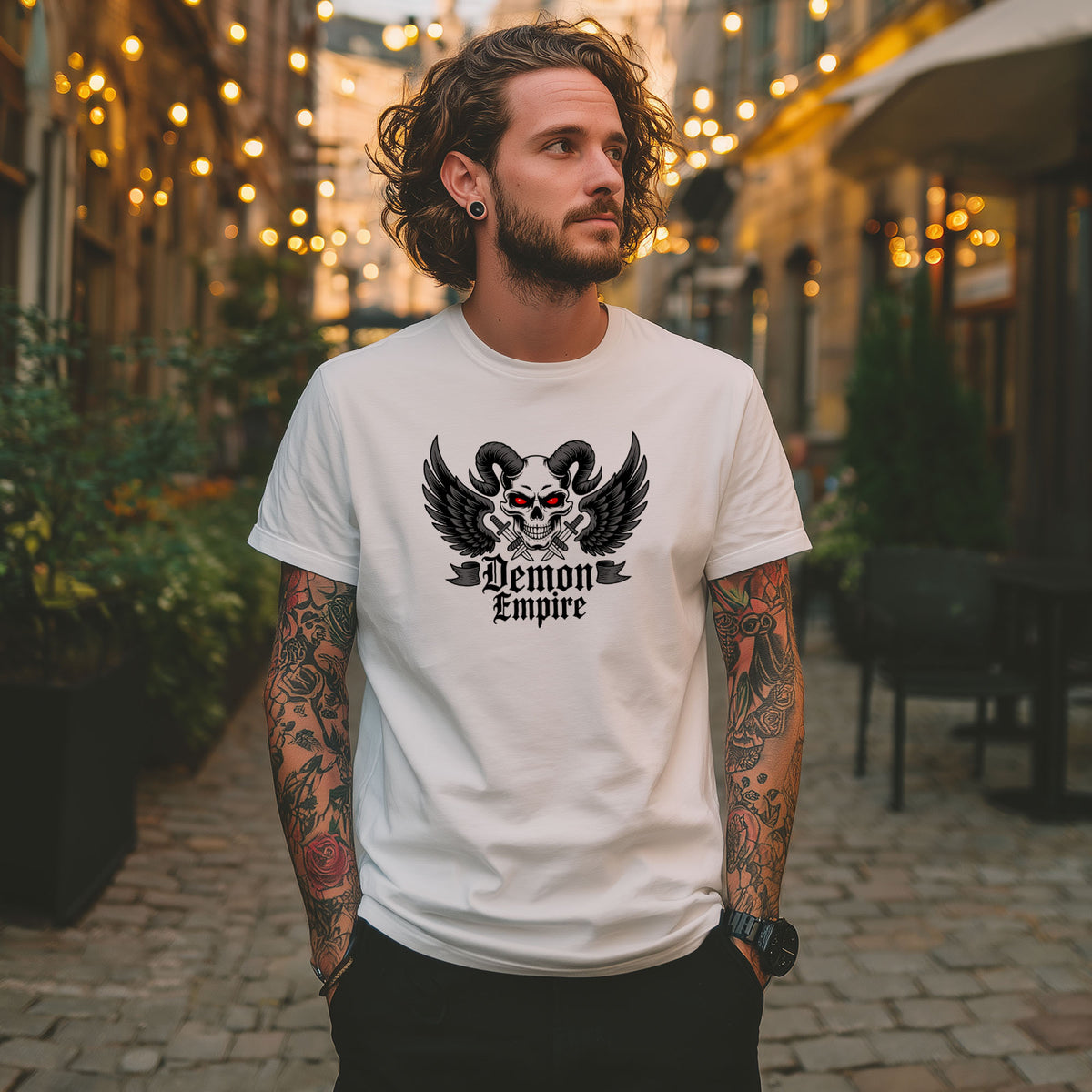 Demon skull shirt graphic with crossed daggers and a dark gothic empire banner