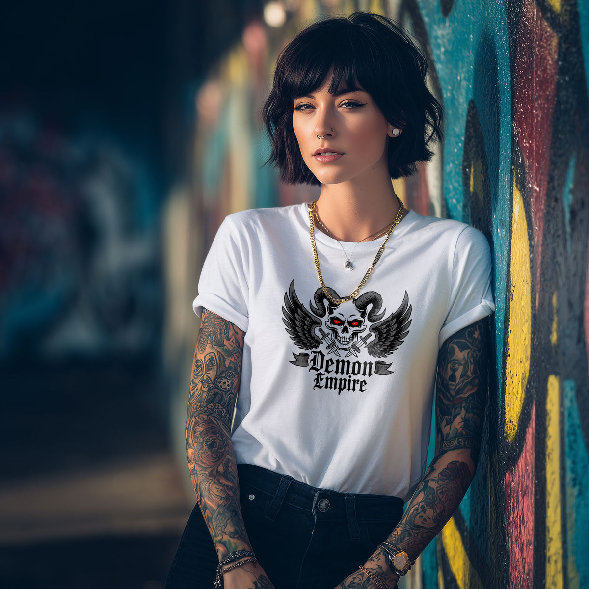 Winged skull artwork with crossed daggers and gothic blackletter lettering
