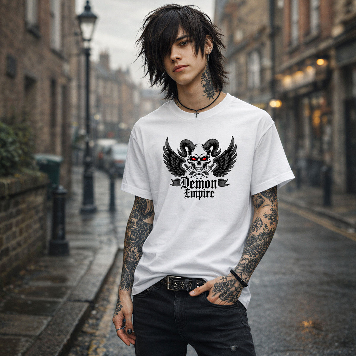 Winged skull artwork with crossed daggers and gothic blackletter lettering