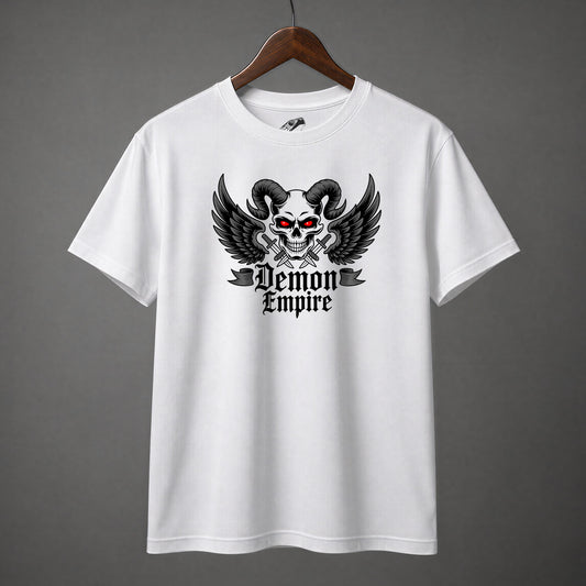 Demon skull shirt design featuring ram horns, glowing red eyes, and black wings