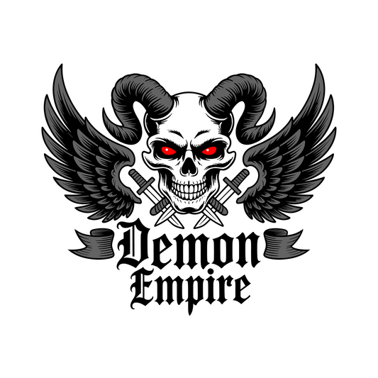 Demon skull shirt design featuring ram horns, glowing red eyes, and black wings