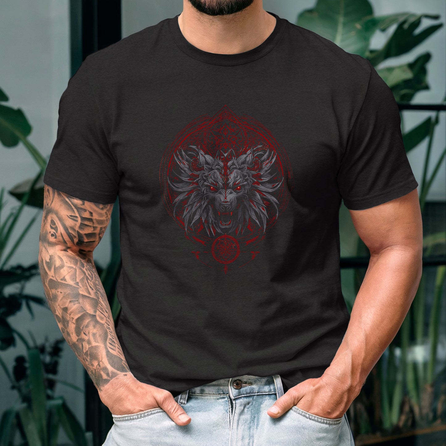 Dark alternative fashion shirt with intricate demonic wolf and occult sacred geometry