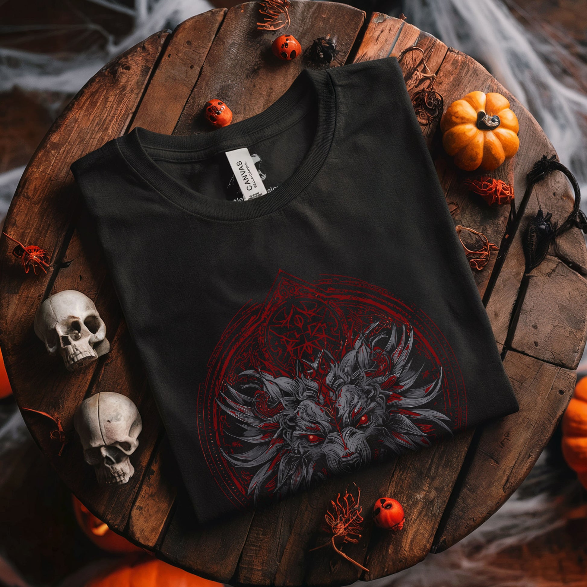Satanic art graphic tee showing fierce wolf surrounded by pentagrams and witchcraft symbols