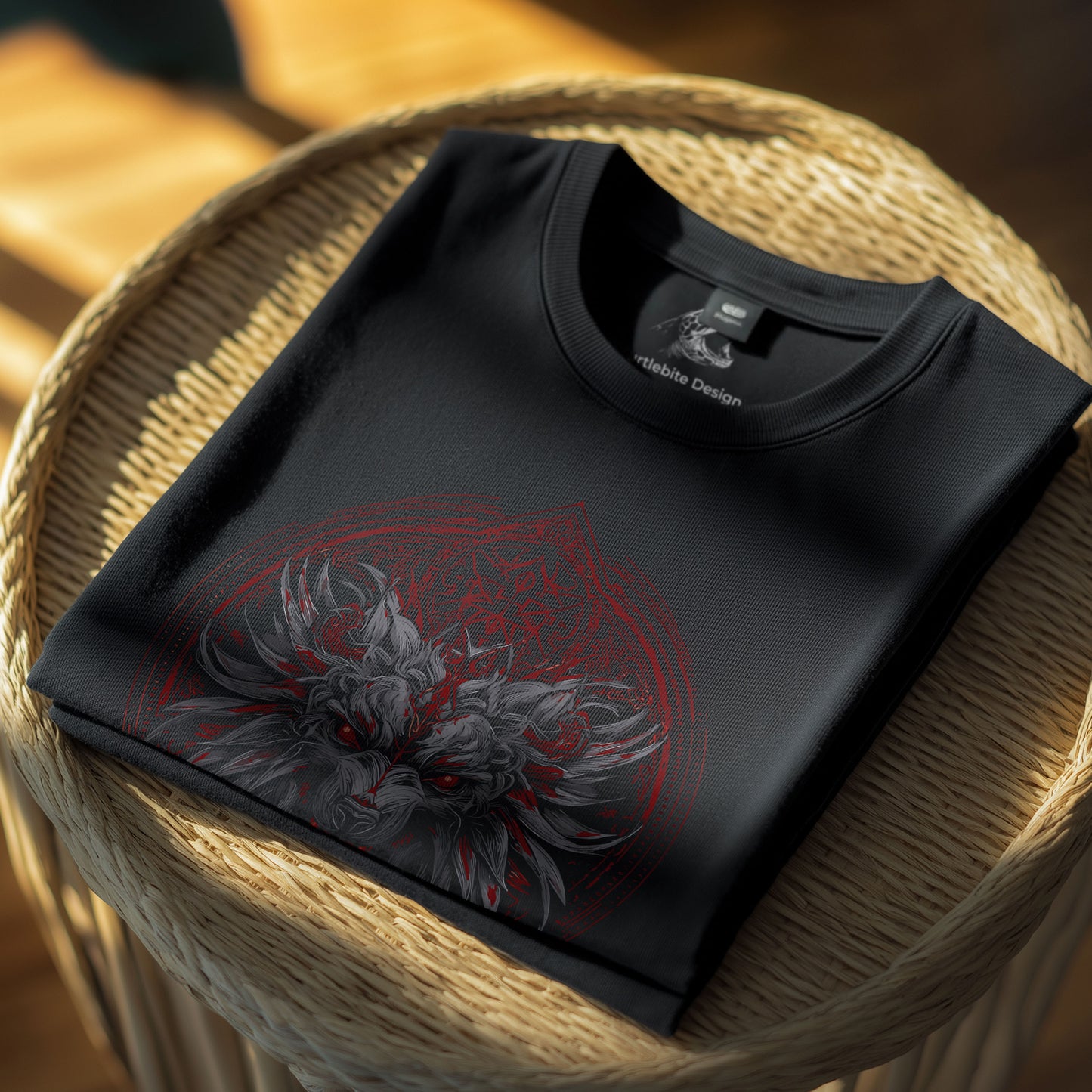 Black horror clothing with detailed hell wolf design and supernatural symbolism