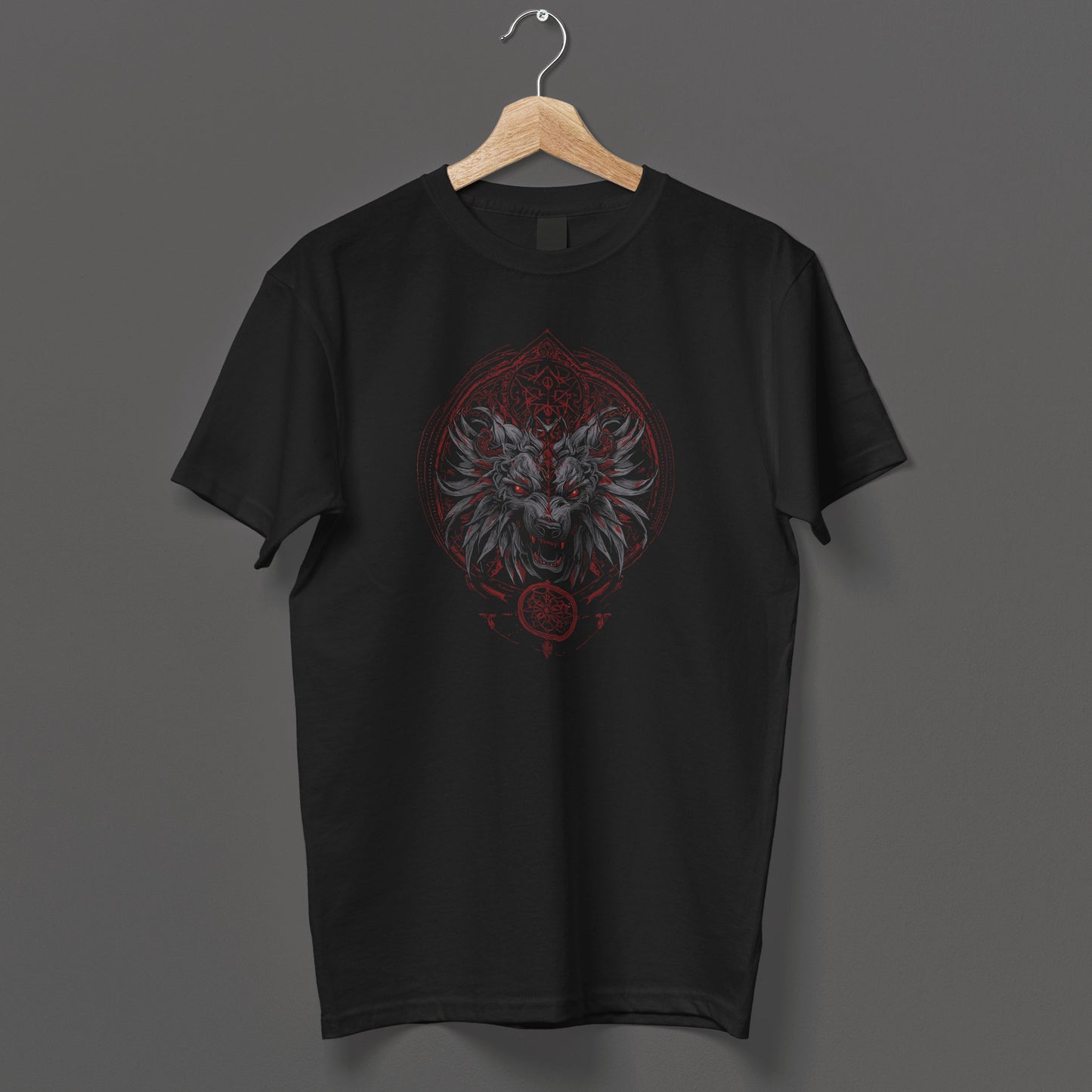 Black horror clothing with detailed hell wolf design and supernatural symbolism