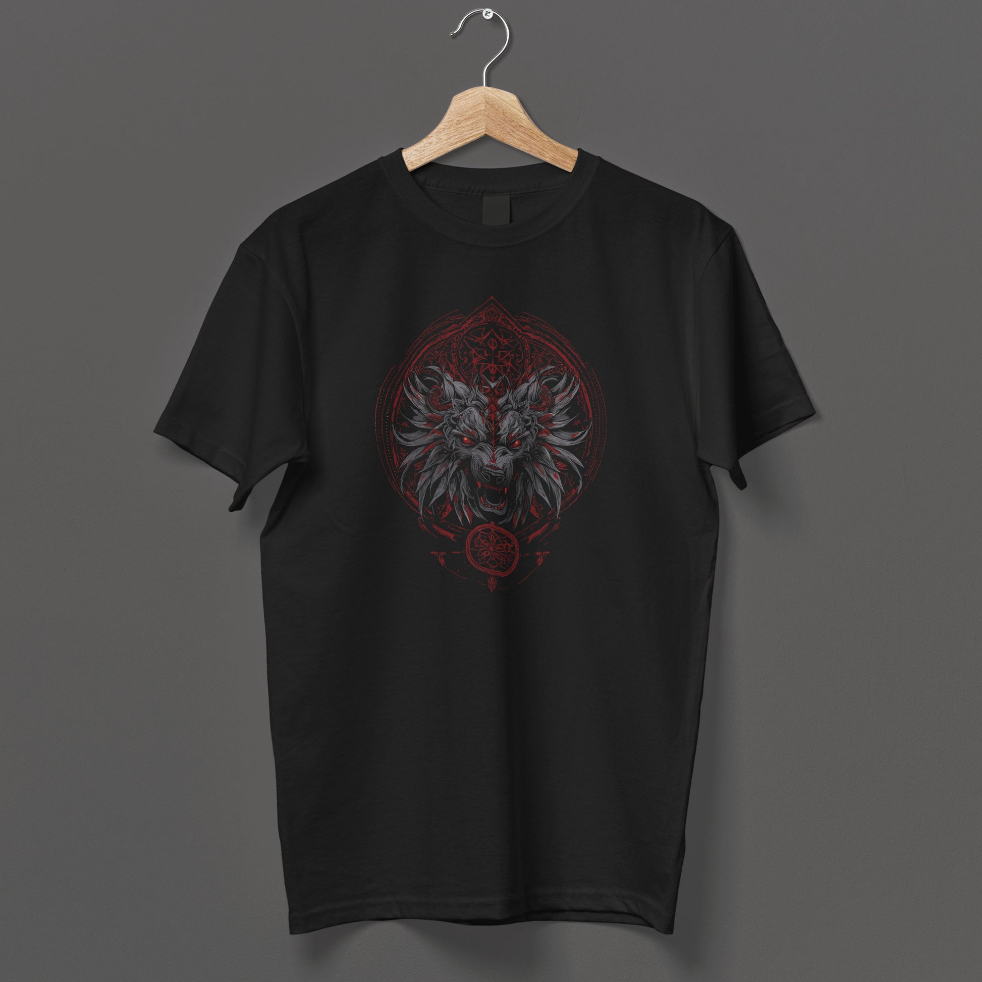 Black horror clothing with detailed hell wolf design and supernatural symbolism
