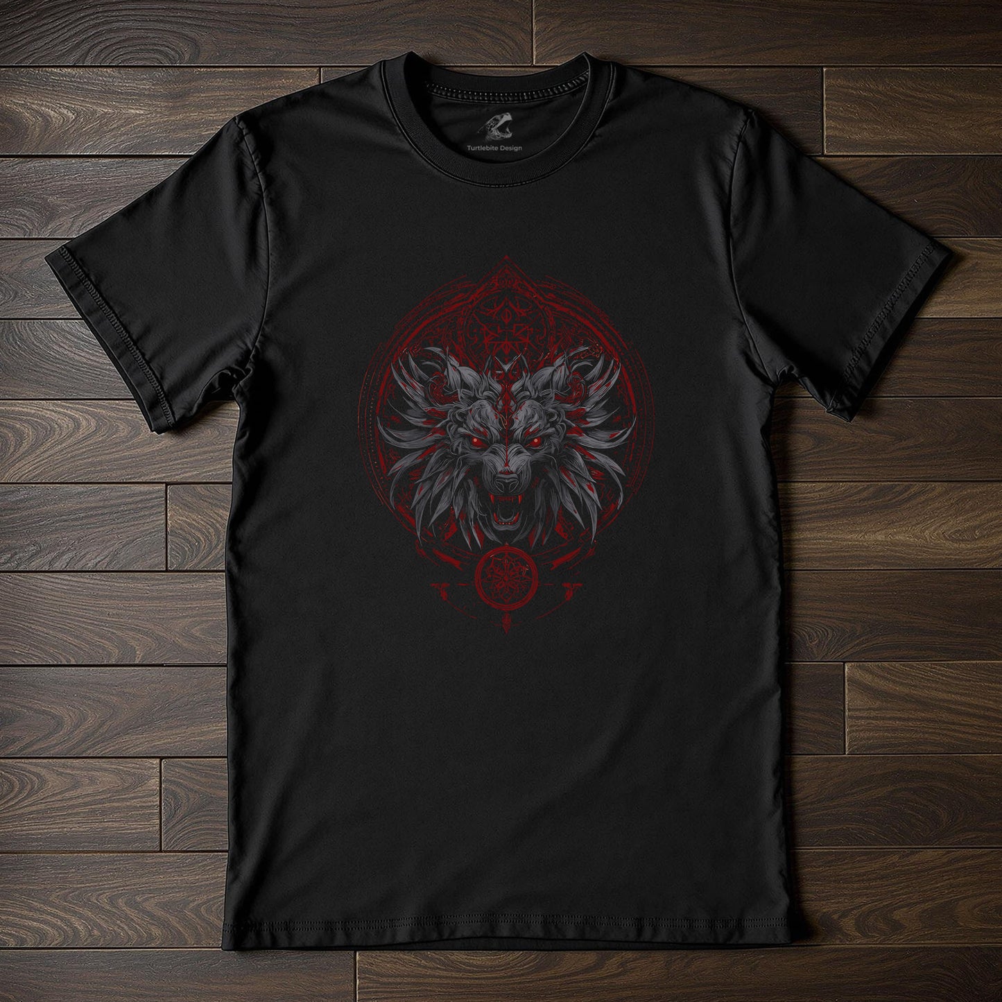 Demonic wolf t-shirt with red occult symbols and sacred geometry on black fabric