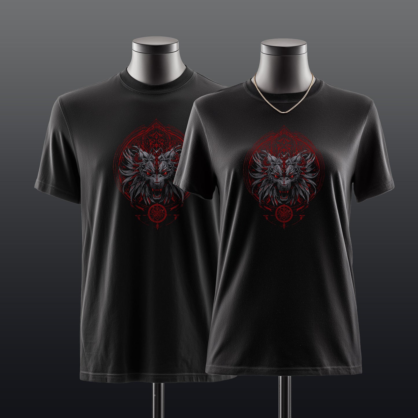 Gothic horror apparel featuring snarling wolf with glowing red eyes in mystical archway
