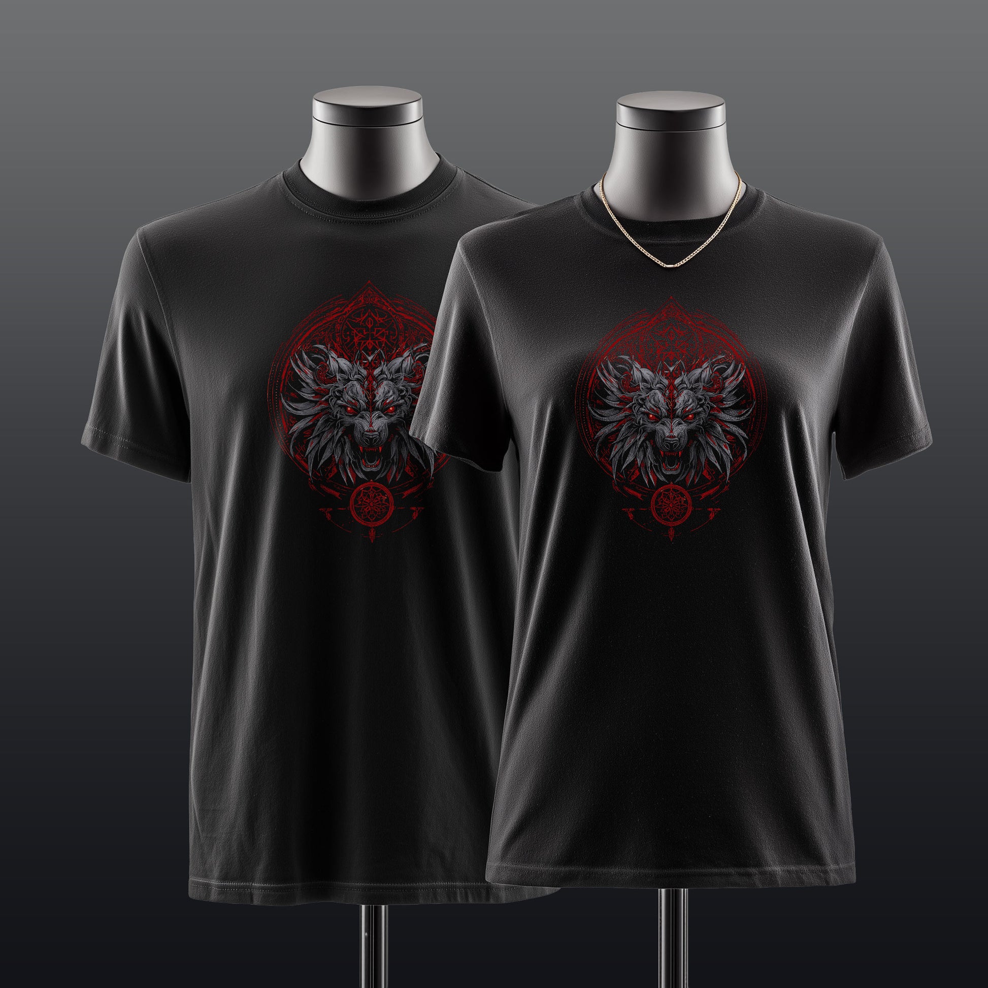 Gothic horror apparel featuring snarling wolf with glowing red eyes in mystical archway