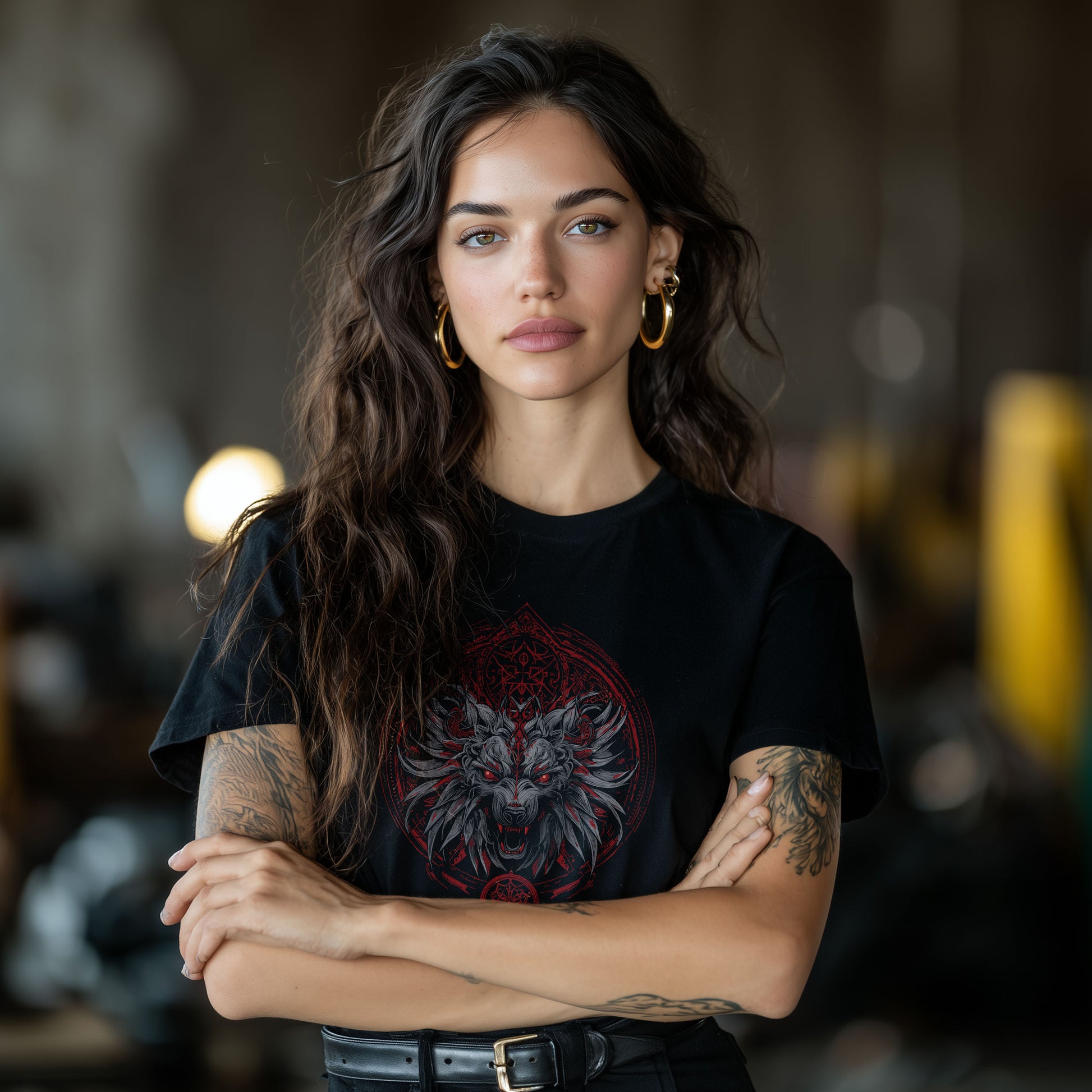 Black horror clothing with detailed hell wolf design and supernatural symbolism

