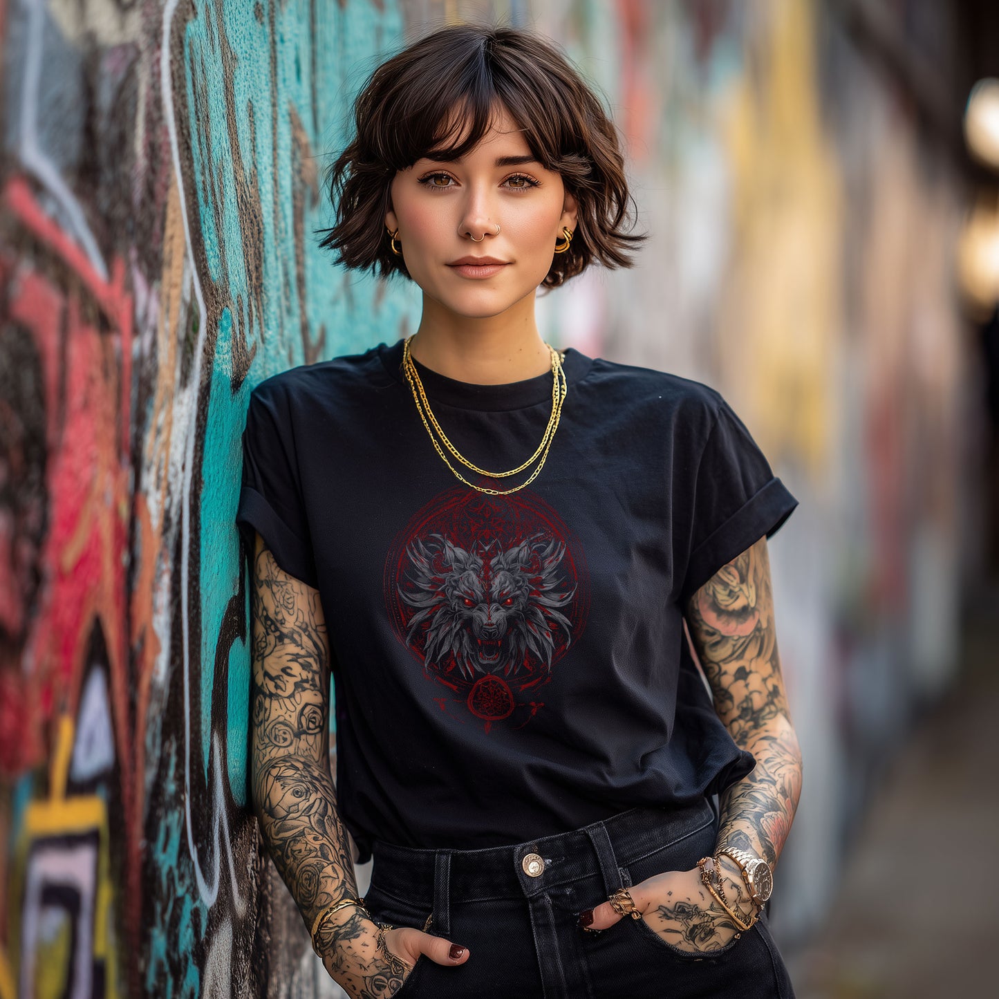 Demonic wolf t-shirt with red occult symbols and sacred geometry on black fabric