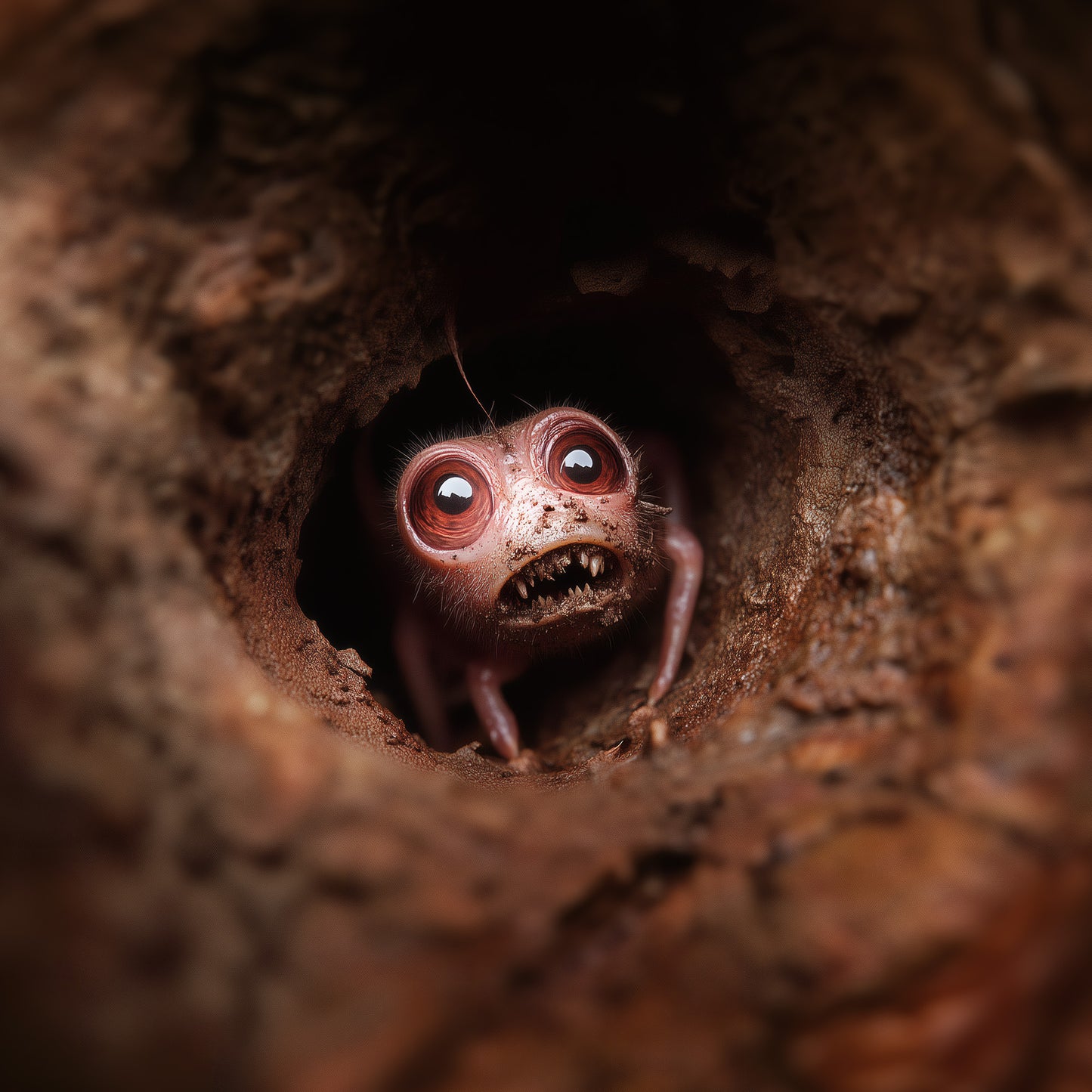 Cryptid wall art print of a big-eyed creepy cute monster peeking from a dirt hole