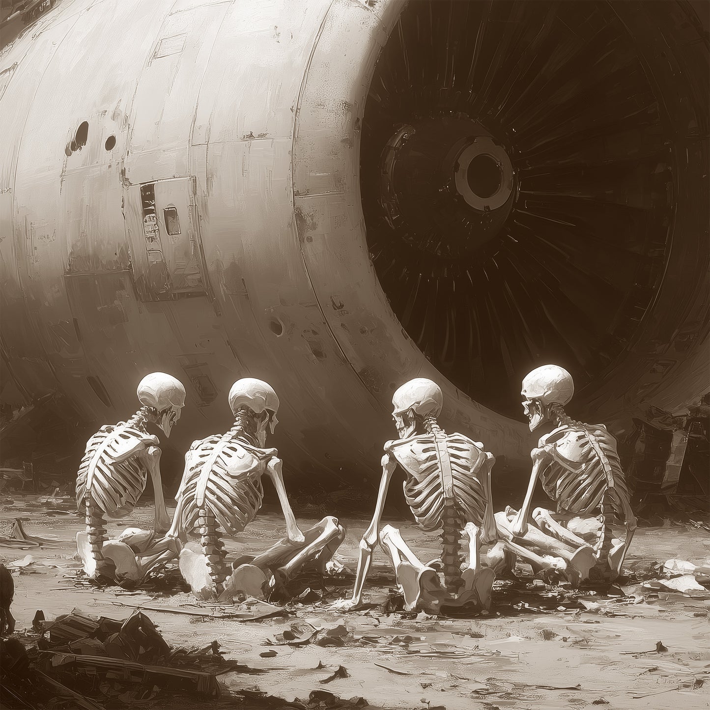 Apocalypse art print showing four skeletons sitting before crashed aircraft engine in sepia-toned post-apocalyptic wasteland