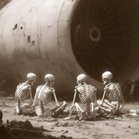 Apocalypse art print showing four skeletons sitting before crashed aircraft engine in sepia-toned post-apocalyptic wasteland