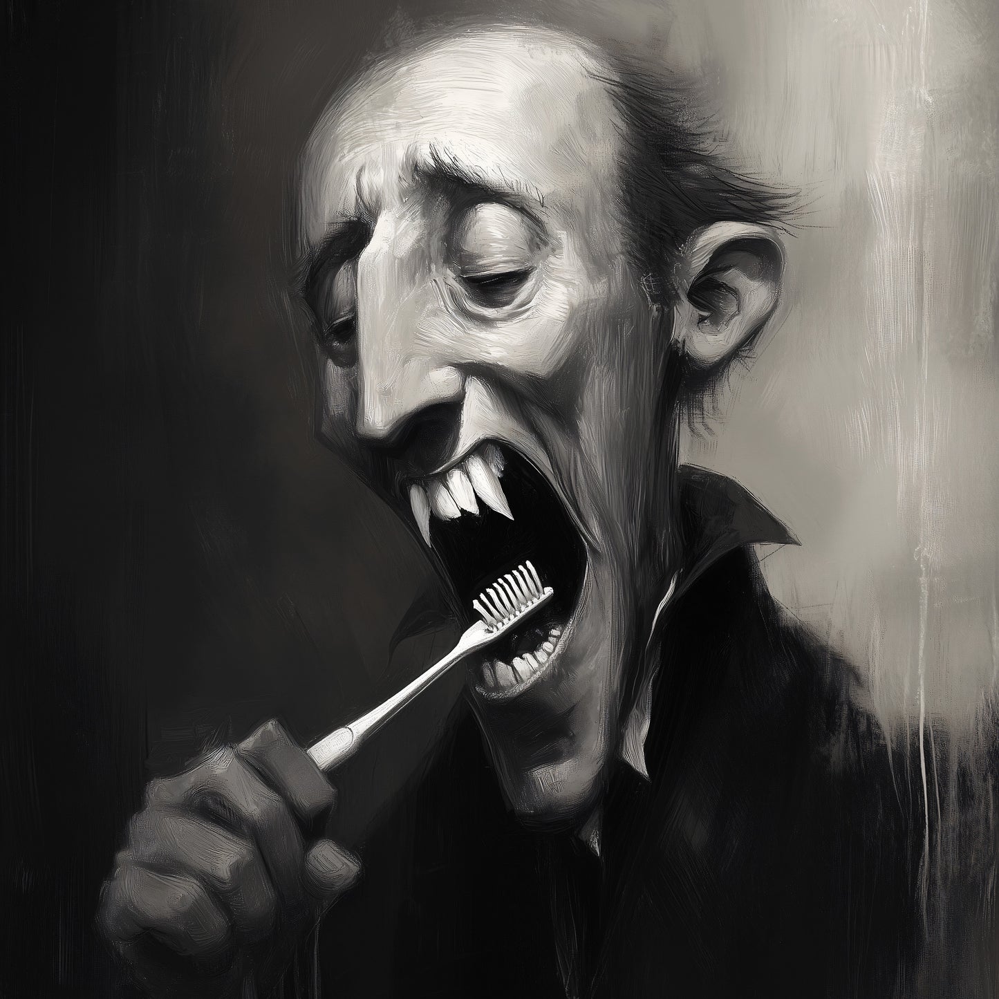 Graf Draculas Dental Care Poster Print, Dark Humor, Moody Gothic Painting Wall Art for Bathroom