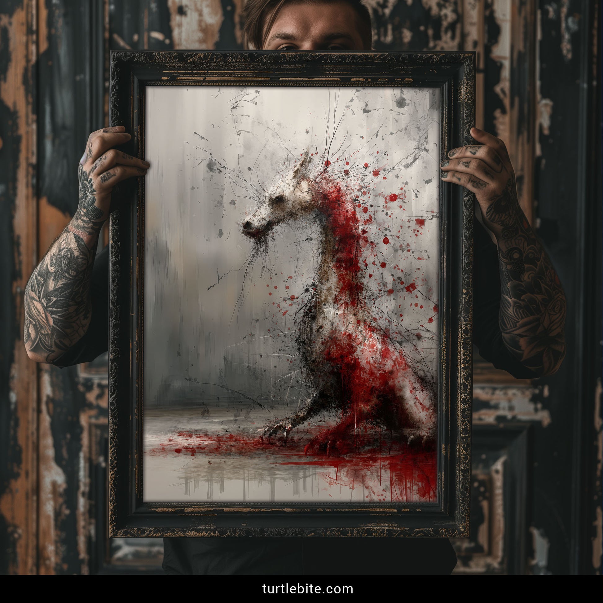 Monochrome dragon with dramatic red paint explosion, gothic home wall art