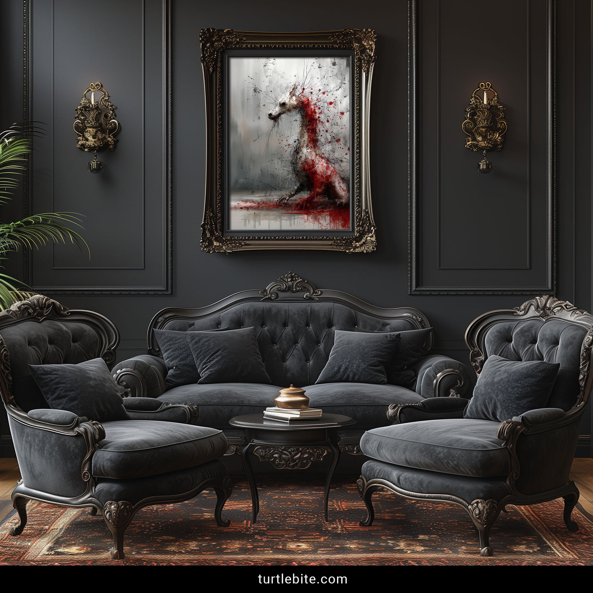 Surreal dragon creature dissolving into crimson ink splashes, dark fantasy macabre art print