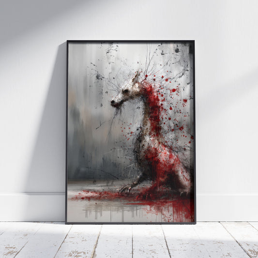 Abstract dragon art with red blood splatter on white background, gothic horror wall decor poster