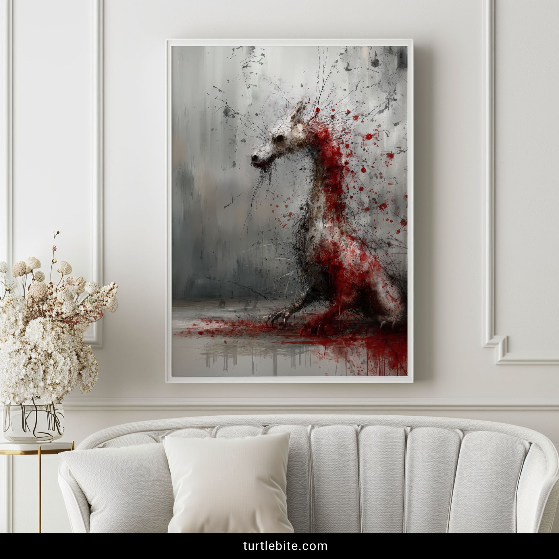 Horror fantasy dragon art featuring blood splatter watercolor technique, moody wall poster